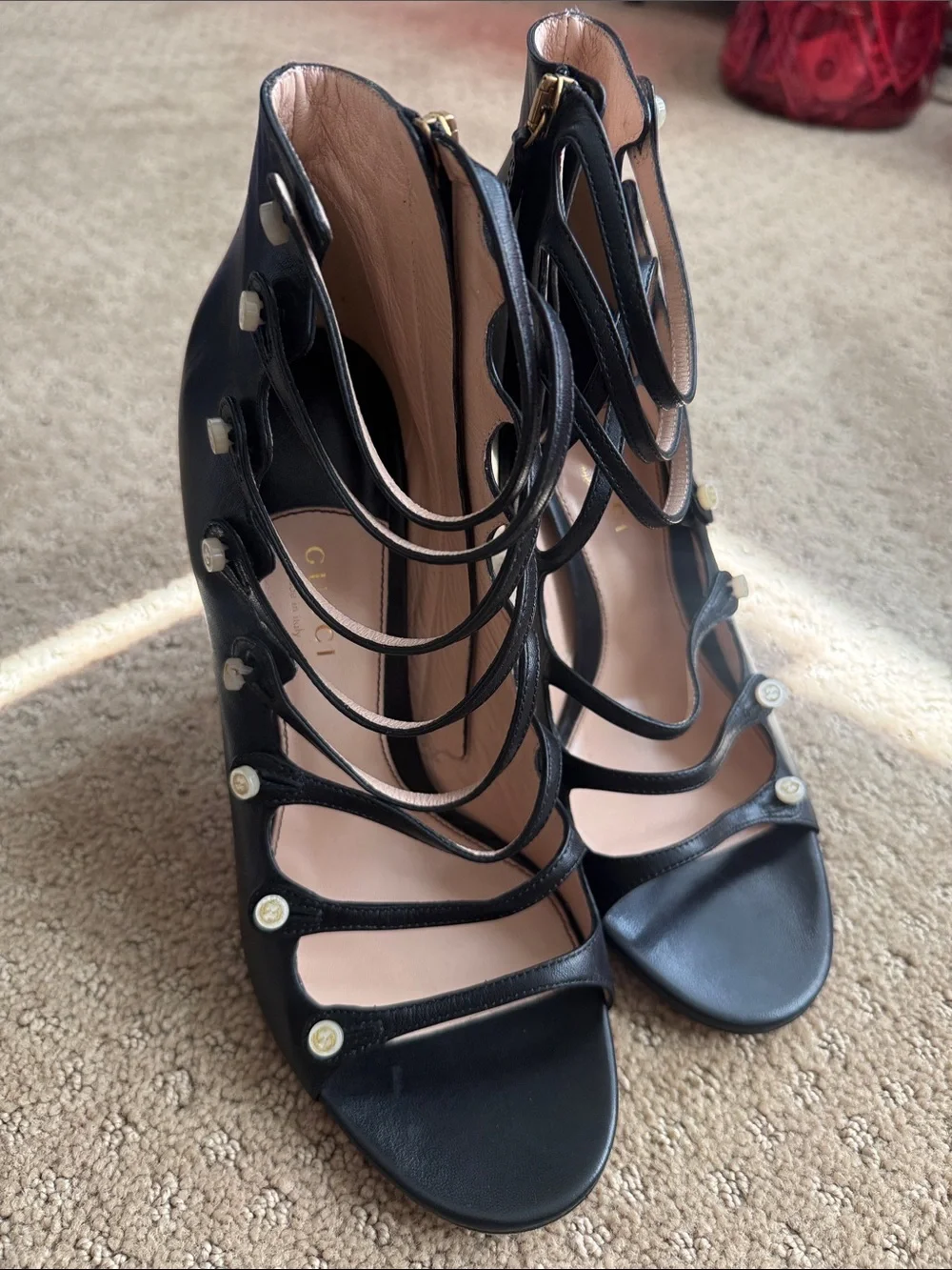 Gucci Aneta Black Caged Peep Toe Stiletto Heels
